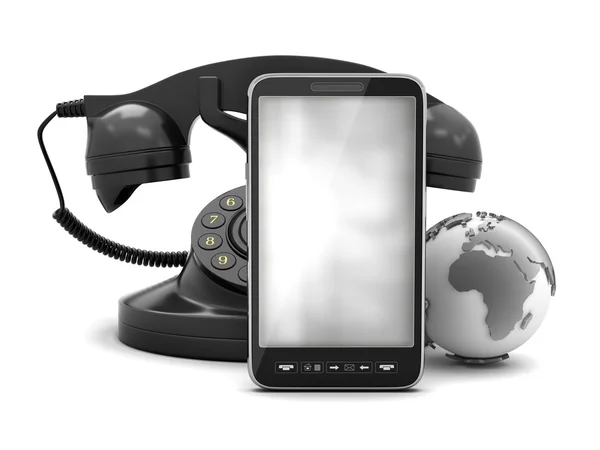 Mobile phone, rotary phone and earth globe — Stock Photo, Image