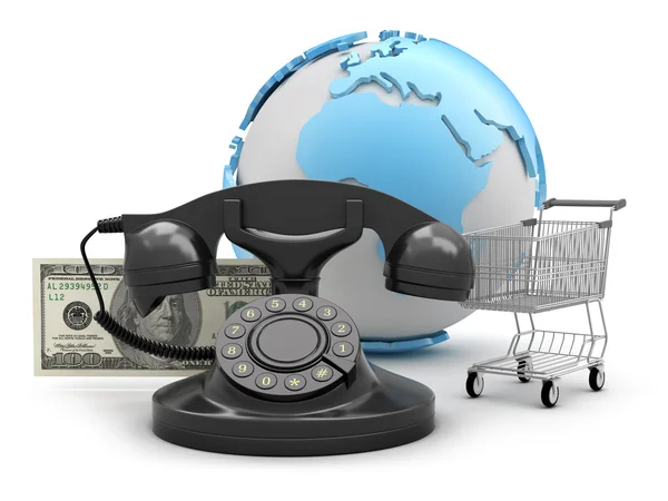 Rotary phone, shopping cart and dollar bills — Stock Photo, Image