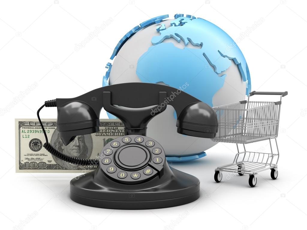 Rotary phone, shopping cart and dollar bills