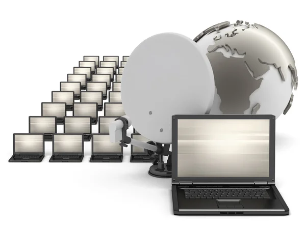 Many laptops, satellite and earth globe — Stock Photo, Image