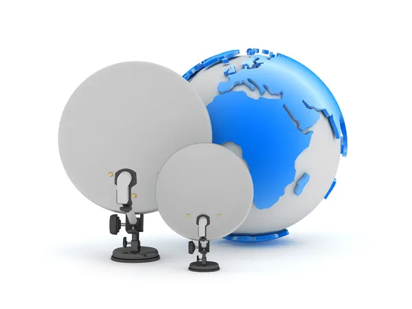 Satellite antenna and earth globe — Stock Photo, Image