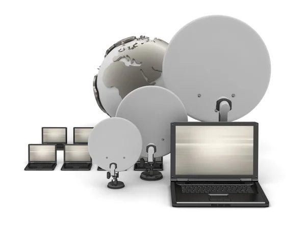 Laptops, satellite antenna and earth globe — Stock Photo, Image