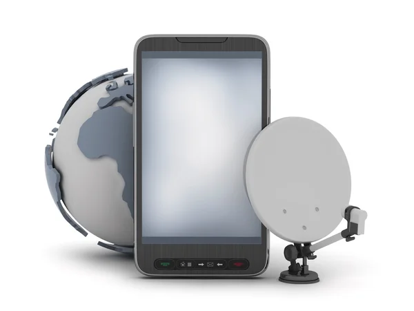 Mobile phone, earth globe and satellite — Stock Photo, Image