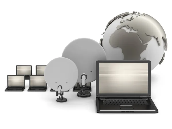 Laptops, earth globe and satellite on white background — Stock Photo, Image