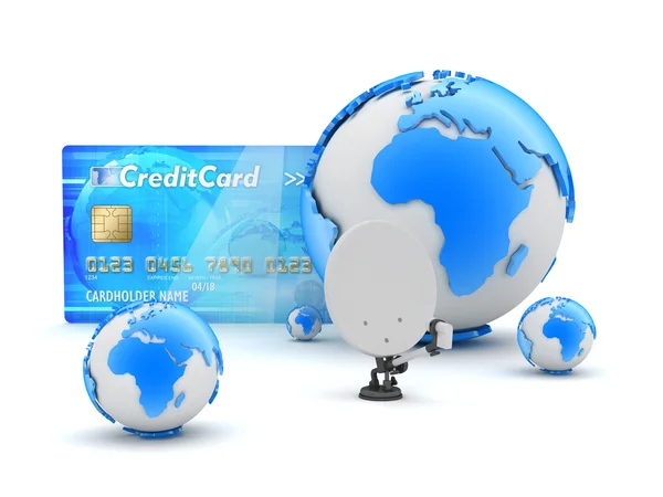 Kredi kartı, uydu çanağı ve dünya Küre — Stok fotoğraf