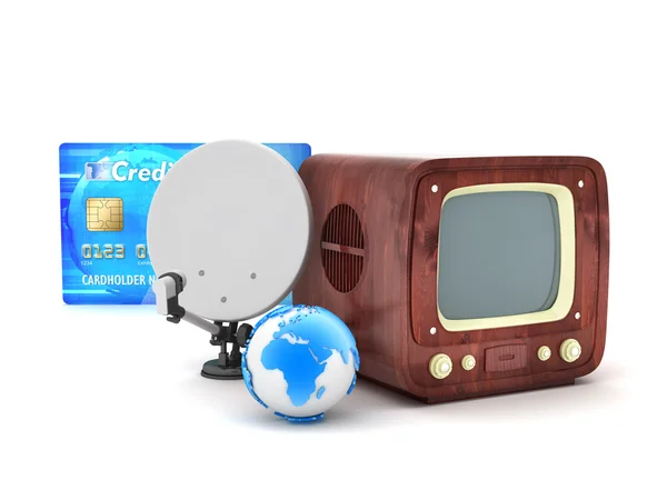 Retro tv, satellite, earth globe and credit card — Stock Photo, Image