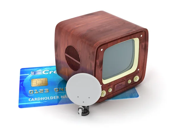 Retro tv and satellite on credit card — Stock Photo, Image