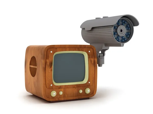 Modern güvenlik kamerası ve retro tv üzerinde beyaz izole — Stok fotoğraf