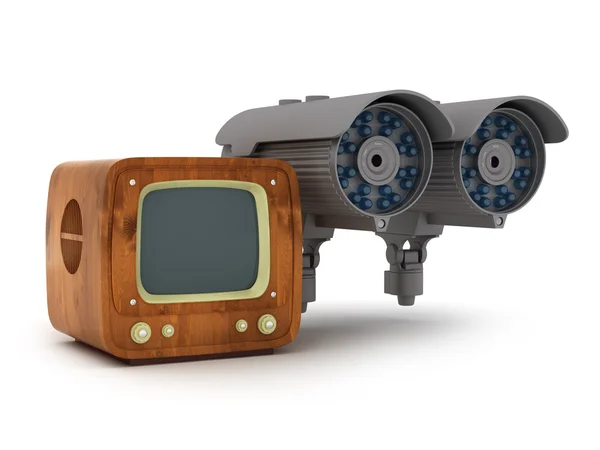 Modern surveillance camera and retro tv on white background — Stock Photo, Image