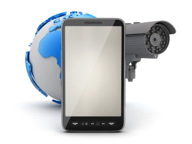 Security camera, cell phone and earth globe clipart