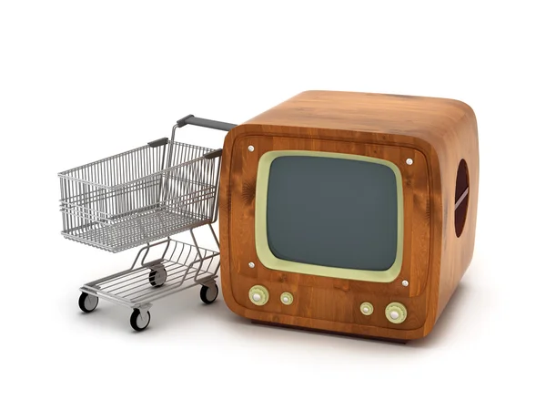 Winkelwagen en retro tv op witte achtergrond — Stockfoto
