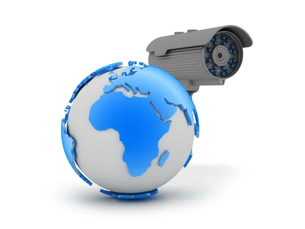 Video surveillance camera and earth globe — Stock Photo, Image