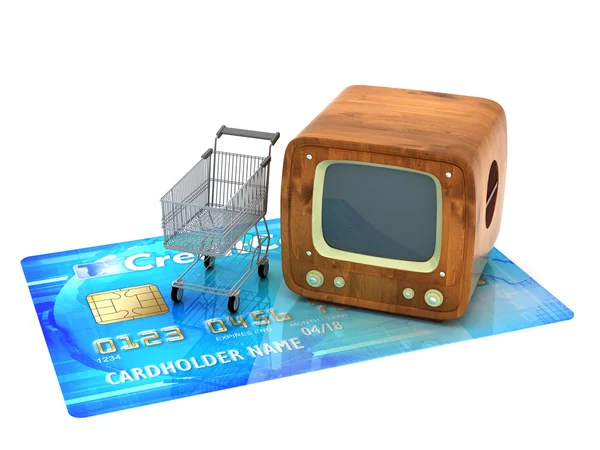 Retro TV, credit card and shopping cart — Stock Photo, Image