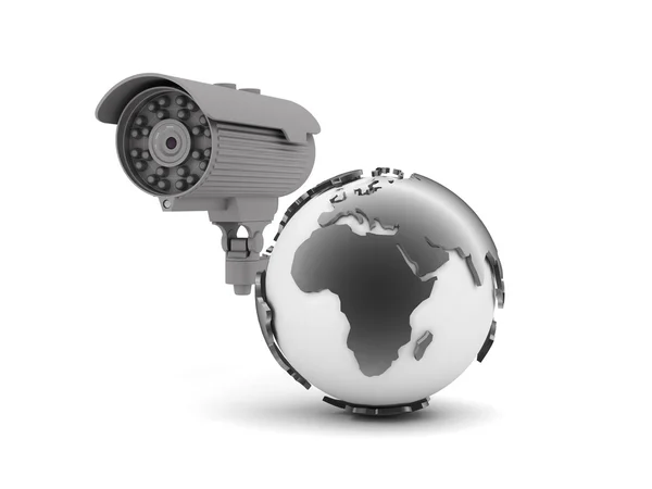 Security camera and earth globe on white background — Stock Photo, Image