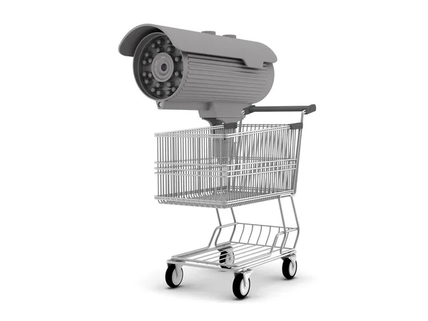 Câmera de segurança e carrinho de compras — Fotografia de Stock