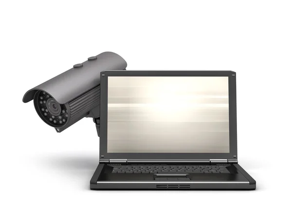 Security camera and laptop on white background — Stock Photo, Image