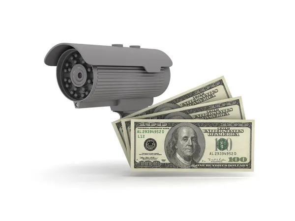 Telecamera di sicurezza e dollari isolati su bianco — Foto Stock