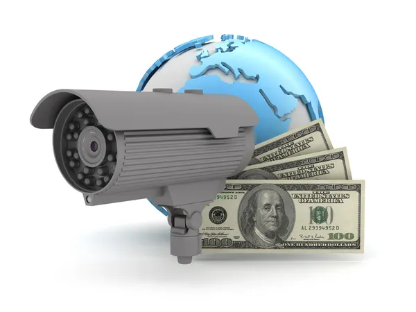 Surveillance camera and dollar bills — Stock Photo, Image