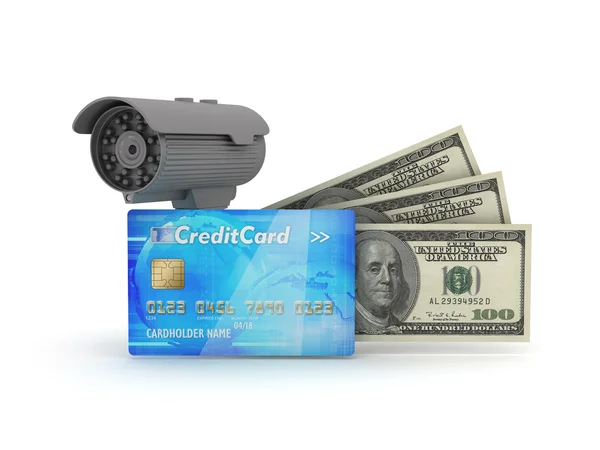 Câmera de segurança, cartão de crédito e notas de dólar — Fotografia de Stock
