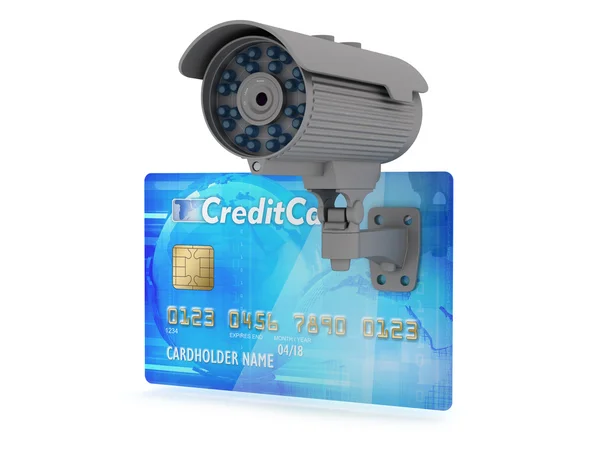 Safe money concept illustration - security camera and credit card — Stock Photo, Image