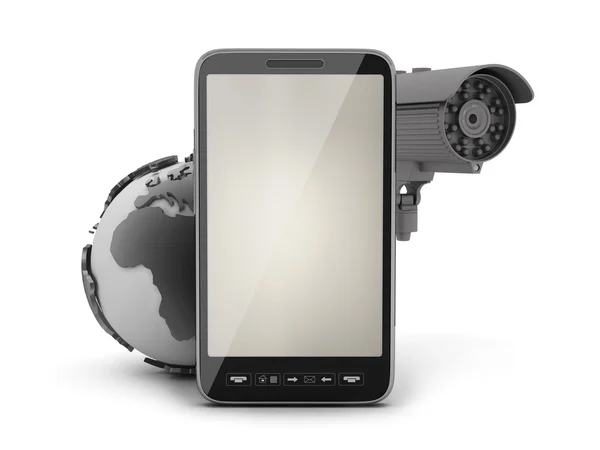 Security cam, earth globe and cell phone — Stock Photo, Image