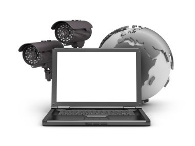 Güvenlik kamera, laptop ve dünya Küre