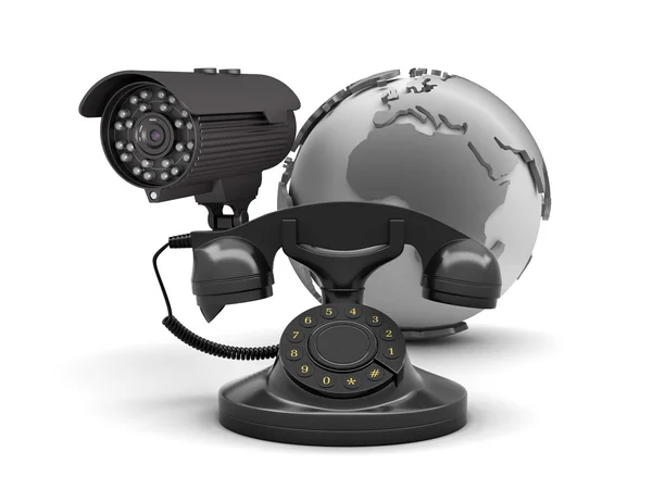 Video surveillance camera and retro rotary phone — Stock Photo, Image