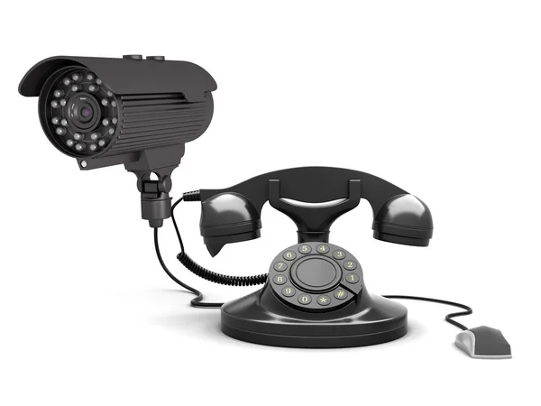 Retro rotary phone, security camera and computer mouse — Stock Photo, Image