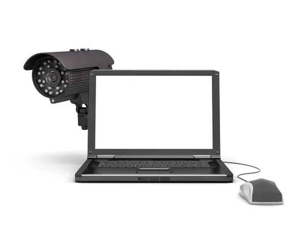 Laptop, câmera de segurança e mouse de computador — Fotografia de Stock