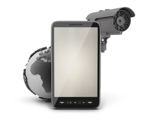 Videocamera di sicurezza, globo terrestre e telefono cellulare — Foto Stock