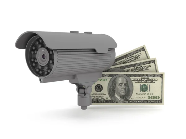 Security - video surveillance camera and dollar bills — Stock Photo, Image