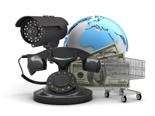 Security camera, rotary phone, shopping cart and dollar bills — Stock Photo, Image