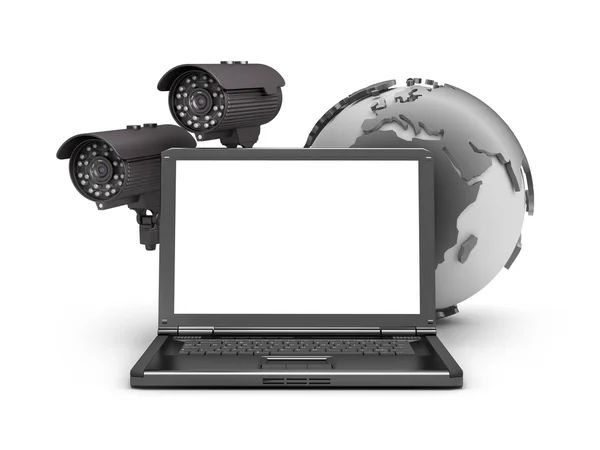 Telecamere di sicurezza, laptop e globo terrestre — Foto Stock