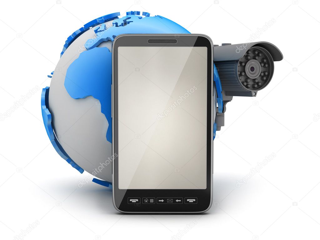Video surveillance camera, mobile phone and earth globe
