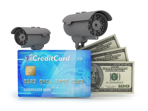 Duas câmaras de vigilância, cartão de crédito e notas de dólar. — Fotografia de Stock