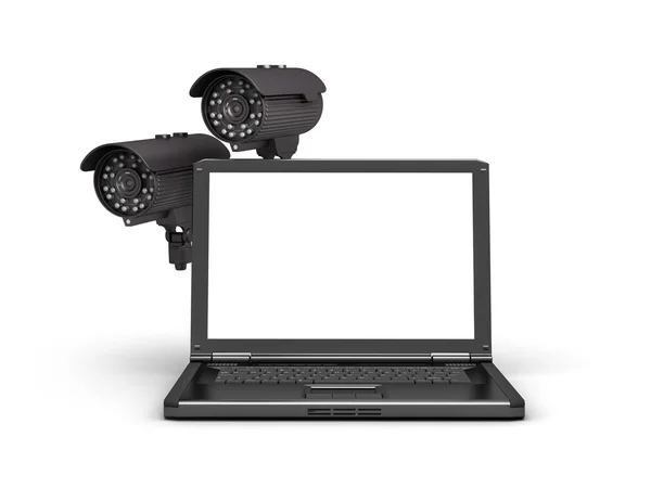 Twee beveiligingscamera's en laptop — Stockfoto