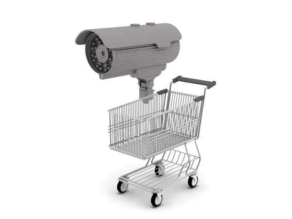 Carrinho de compras e câmera de segurança no fundo branco — Fotografia de Stock