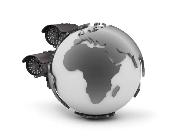 Two surveillance cameras and earth globe — Stock Photo, Image