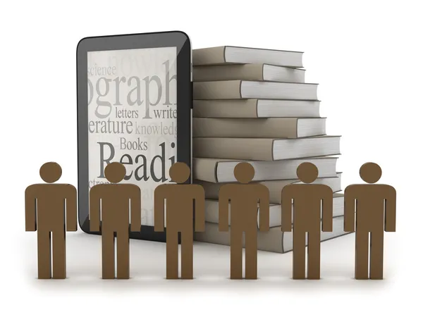 Figures, tablet computer and stack of books — Stock Photo, Image