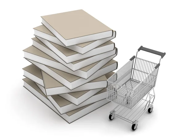 Pila de libros y carrito de la compra —  Fotos de Stock
