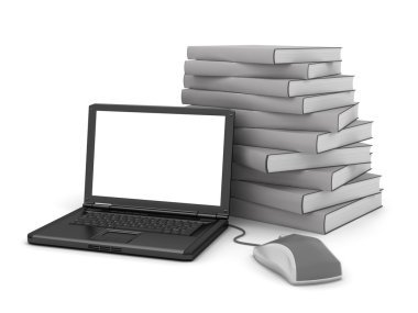 Kitaplar ve laptop beyaz zemin üzerine yığını