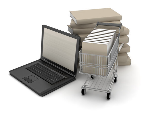 Laptop and books in shopping cart