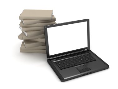 Dizüstü bilgisayar ve kitap yığını