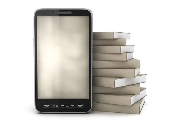 Мобильный телефон и стопка книг — стоковое фото