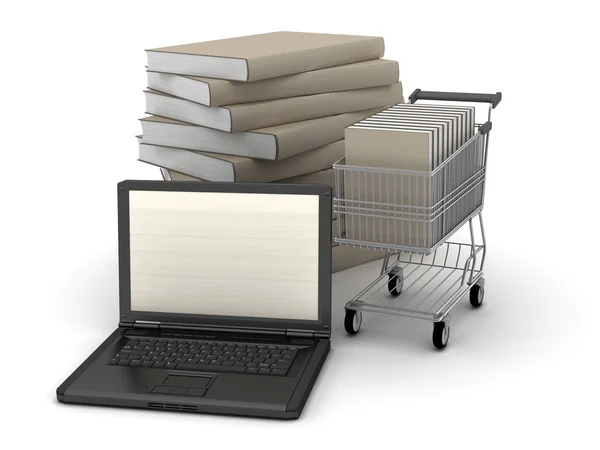 Laptop, Bücher und Einkaufswagen — Stockfoto