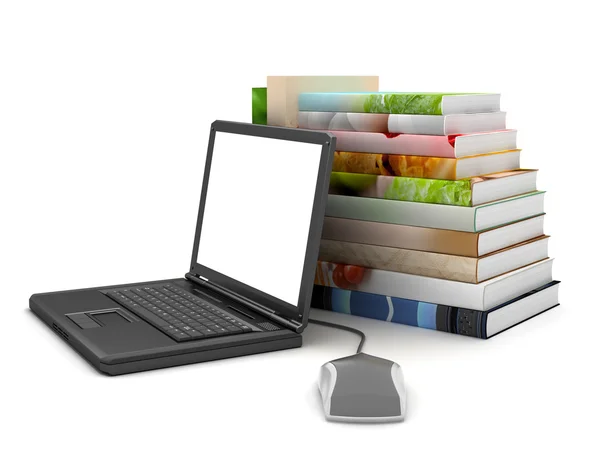 Laptop, computer mouse and stack of books — Stock Photo, Image
