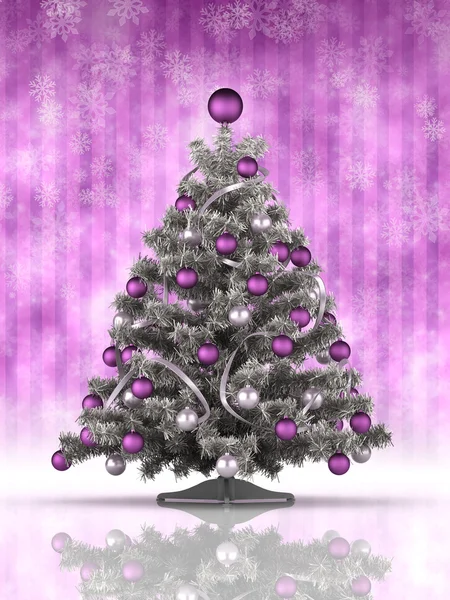 Χριστουγεννιάτικο δέντρο, νιφάδες χιονιού και πορφυρό υπόβαθρο — Φωτογραφία Αρχείου