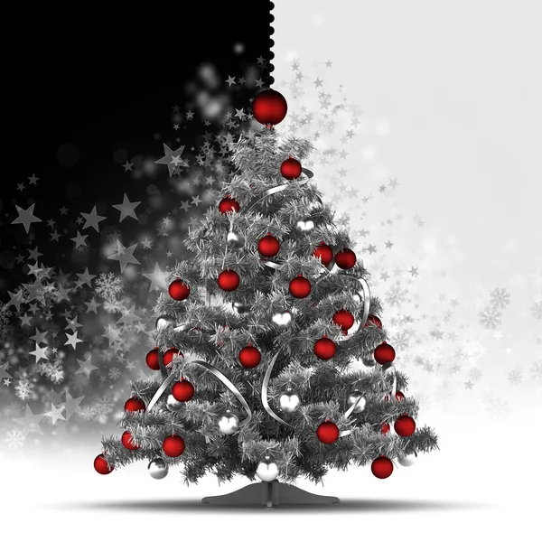 Christmas tree with red baubles on black and white background — Stock Photo, Image