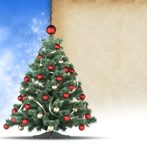 Christmas tree and blank paper sheet in background — Stock Photo, Image