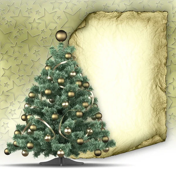 Christmas tree, blank paper sheet and stars in background — Stock Photo, Image